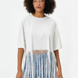 Koton Drop-Shoulder Sleeves Pure Cotton Fringed T-shirt-image-2