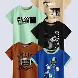BAESD Boys Pack Of 5 Typography Printed Pure Cotton T-shirt-84