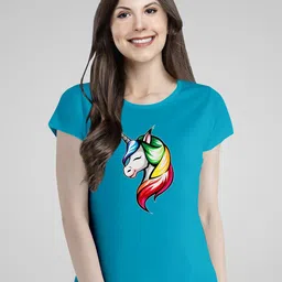 Pootlu Women Turquoise Blue & Red Printed Cotton T-shirt-image-81
