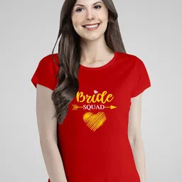 Pootlu Women Red & Mustard Yellow Typography Printed Cotton T-shirt-picture-7