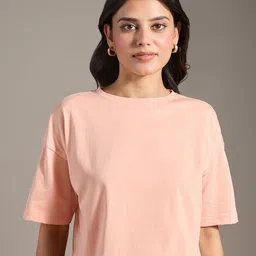 20Dresses Peach Round Neck Cotton Oversized Crop T-shirt-image-39