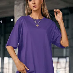 London Hills Women Solid Round Neck Cotton Oversized T-shirt-image-96