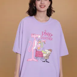 Fabflee Oversized Graphic Pink Panther Printed Drop Shoulder Sleeves Cotton Casual T-shirt-image-23