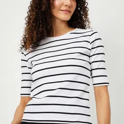 max Women Striped Drop-Shoulder Sleeves Monochrome Pockets T-shirt-image-89