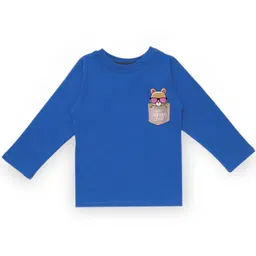 KAVEE Infant Boys Blue Solid Biowashed Round Neck Pure Cotton T-shirt with Print Detail-image-60