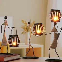 DULI Set of 3 Black & Beige-Colored Metal Handcrafted Figurines Tealight Candle Holders-picture-34