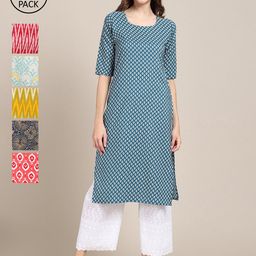 KALINI Women Pack of 6 Blue & Yellow Ethnic Motifs Printed Crepe Kurta-image-20