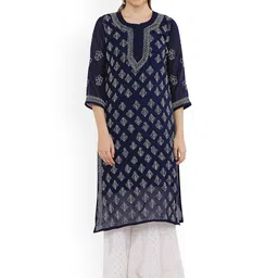 FAWOMENT Navy Blue Ethnic Motifs Embellished Thread Work Handloom Georgette Kurta with Inner-image-48