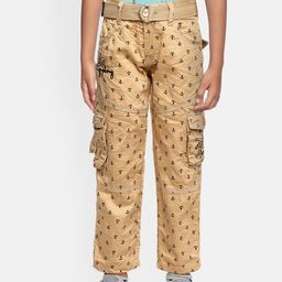 ADBUCKS Boys Brown Pure Cotton Printed Relaxed Non Iron Cargos Trousers-image-116