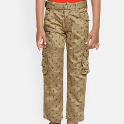 ADBUCKS Boys Khaki Printed Relaxed Pure Cotton Non Iron Cargos Trousers-image-80