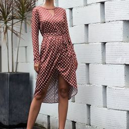 URBANIC Women Coffee Brown & White Polka Dots Print Belted A-Line Dress-image-38