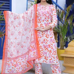 PARTHVI Floral Printed Thread Work Straight Kurta With Trousers & Dupatta-image-82