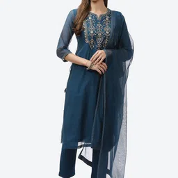 Biba Women Blue Floral Embroidered Kurta with Trousers & With Dupatta-image-100