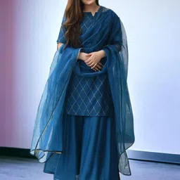 MORLY Notch Neck Short Sleeves Gotta Patti Checked Kurta with Sharara & Dupatta-7