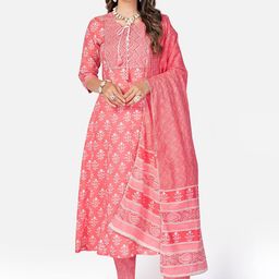 Vbuyz Women Pink Pure Cotton Anarkali Kurta with Trousers & Dupatta-58