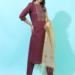 Vishudh Women Striped Pure Cotton Kurta with Trousrer & Dupatta-picture-15