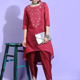 Vishudh Women Fuschia Floral Chanderi Cotton Kurta with Dhoti Pant-picture-50