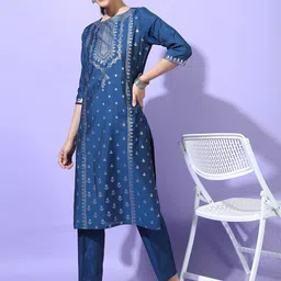 Vishudh Women Teal Blue Ethnic Motifs Printed Kurta with Trousers-image-89