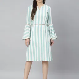 DEEBACO Women Green & Blue Striped Flared Sleeved A-lined Dress With Lace-picture-9