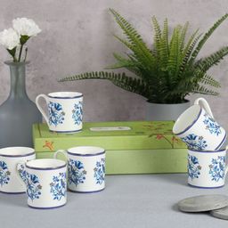 India Circus White & Blue 6 Pieces Printed Bone China Glossy Mugs 220ml each-12
