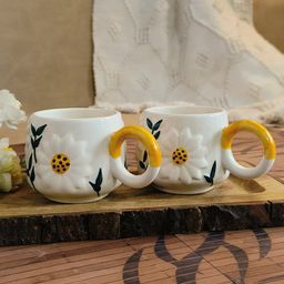 NIYARA White Yellow 2 Pieces Printed Ceramic Cups 400ml-31