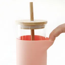 The Better Home Peach-Coloured Glass Tumbler with Straw & Lid 450ml-34