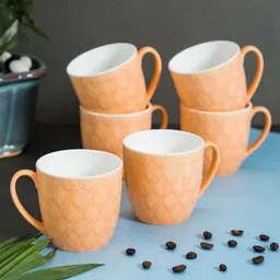 JCPL White & Orange 6 Pieces Textured Handcrafted Ceramic Glossy Cups 250ml-7