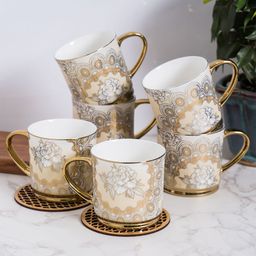 JCPL White & Gold toned 6Pcs Handcrafted Printed Ceramic Glossy Cups 250ml-58
