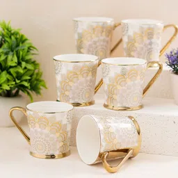 JCPL White & Beige Printed 6 Pieces Handcrafted Ceramic Glossy Cups 200ml-35