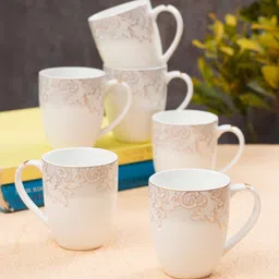 JCPL White & Beige Printed 6 Pieces Handcrafted Ceramic Glossy Cups 230ml-26