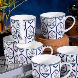 GOODHOMES White & Blue Set of 6 Printed Bone China Glossy Mugs 190 ml Each-19