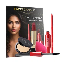 FACES CANADA Set Of 5 Matte Mania Kajal - Lipstick - Compact - Mascara - Beauty Blender-18