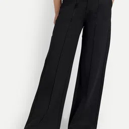 BROADSTAR Women Black Relaxed Straight Leg Loose Fit High-Rise Easy Wash Pleated Trouser-picture-2