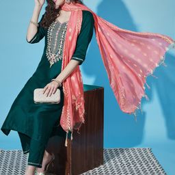 VredeVogel Ethnic Motifs Yoke Design Thread Work Straight Kurta With Trouser & Dupatta-image-45