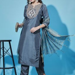 VredeVogel Floral Yoke Design Kurta With Trousers & Dupatta-image-64