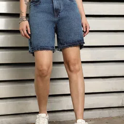 High Star Women Boyfriend Fit Washed High-Rise Cotton Denim Shorts-image-14