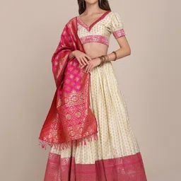 Warthy Ent Women White & Pink Semi-Stitched Lehenga & Unstitched Blouse With Dupatta-picture-20