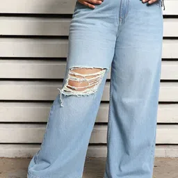 Freeform by High Star Plus Size Women Wide Leg Highly Distressed Light Fade Cotton Jeans-58