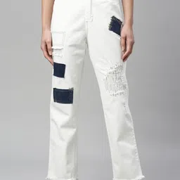 ZHEIA Women White Lean Straight Fit High-Rise Mildly Distressed Printed Stretchable Jeans-image-46