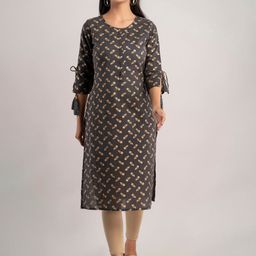 MAUKA Women Grey & Gold-Toned Ethnic Motifs Printed Pure Cotton Kurta-picture-8