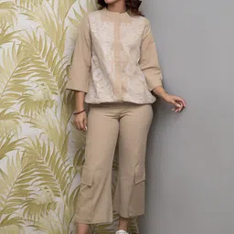 Rhe-Ana Embroidered Mandarin-Collar Three-Quarter Sleeve Casual Co-Ords-image-85