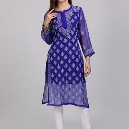 KHAKA Floral Embroidered Regular Chikankari Kurta & Trousers-image-90