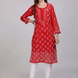 KHAKA Floral Embroidered Regular Chikankari Staright Kurta with Trousers-image-91