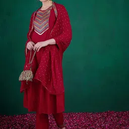 Sangria Zari & Sequence Embroidered  Round Neck Kurta With Trousers & Dupatta-5