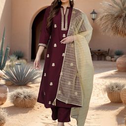 KALINI Floral Embroidered Regular Sequinned Kurta with Trousers & Dupatta-image-89