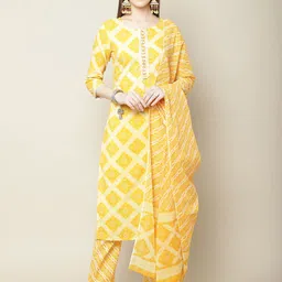 Sangria Women Yellow Printed Thread Work Pure Cotton Kurta with Trousers-44
