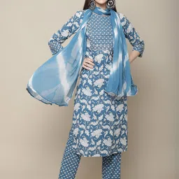 Sangria Women Blue Ethnic Motifs Printed Gotta Patti Pure Cotton Kurta with Trousers & With Dupatta-picture-45