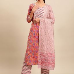 Sangria Peach Floral Printed Pure Cotton Kurta With Trouser & Dupatta-picture-44