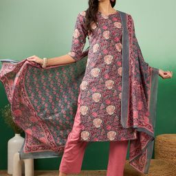 Sangria Grey & Coral Floral Printed Pure Cotton Straight Kurta With Trousers & Dupatta-picture-54