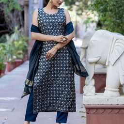 ASPORA Floral Printed Round Neck Pure Silk Jacquard Straight Kurta with Trousers & Dupatta-picture-32